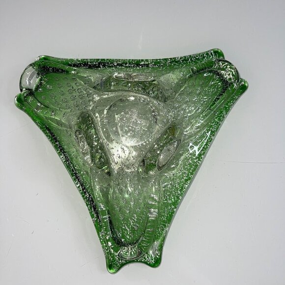 Murano Art Glass Bowl Green Gold Flecks Controlled Bubbles Bullicante MCM - Picture 6 of 15